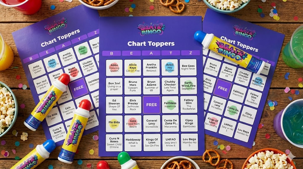 Beatz 'n' bingo cards and bingo dabbers